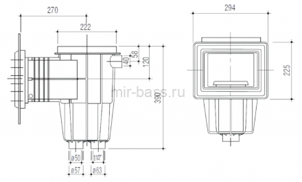 Скиммер Gemas 295х225мм 1 1/2" ВР M5 с квадратной крышкой с декор. рамкой (универсал) (04211BFW)